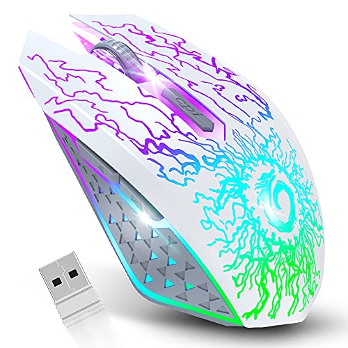 Wireless Gaming Mouse, Rechargeable w/ Colorful LED Lights, Silent Click, 2.4G USB Nano Receiver