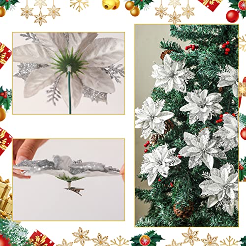 10X Christmas Poinsettia Glitter Artificial Flowers Xmas Tree Party  Decoration