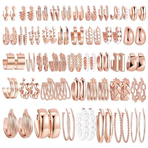 42 Pairs Gold Hoop Earrings Set for Women, Fashion Chunky Pearl Earrings Multipack Twisted Statement Earring