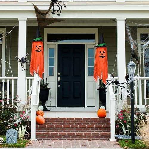 2PCS Halloween Decorations Single Pre-Installed Orange Pumpkin Wizard Hat Halloween Decor