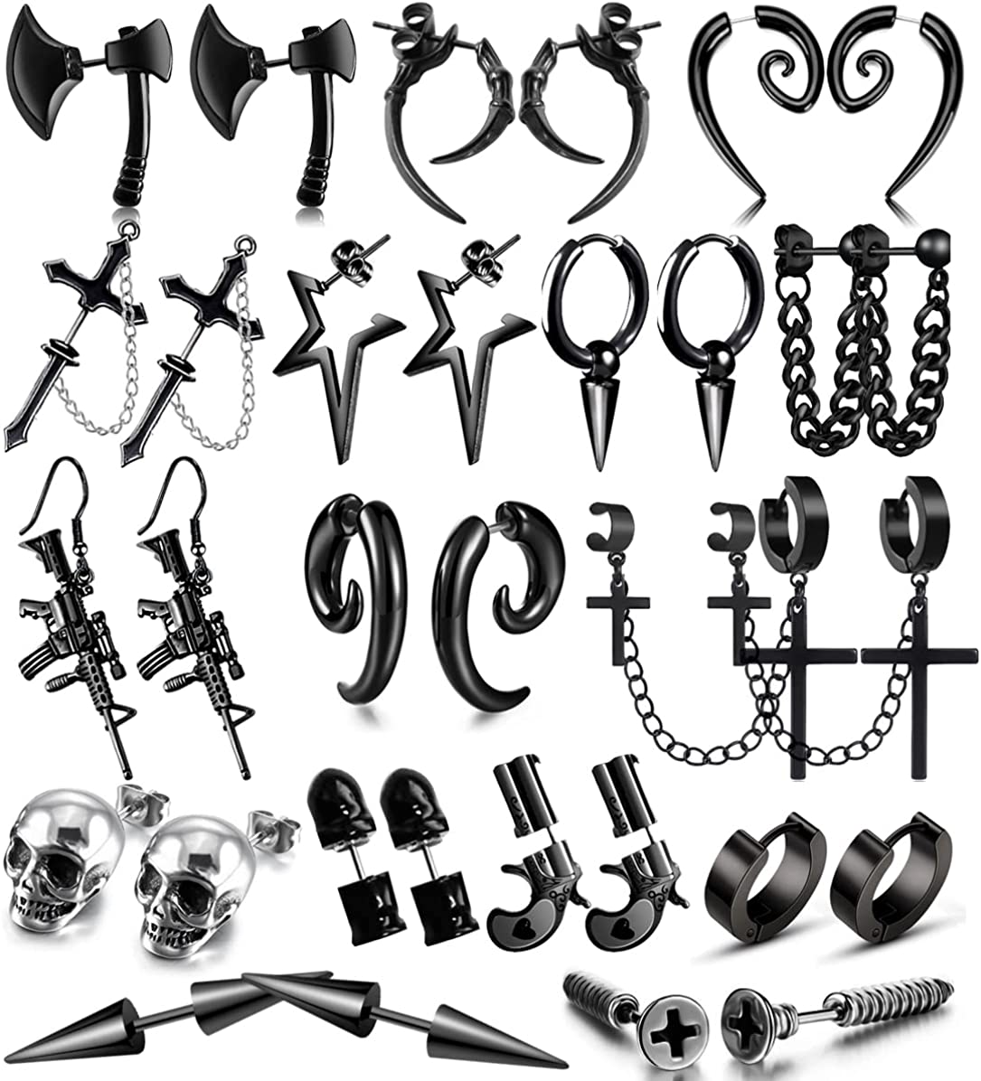 16 Pairs Stainless Steel Punk Y2K Black Dangle Earrings for Men/Women