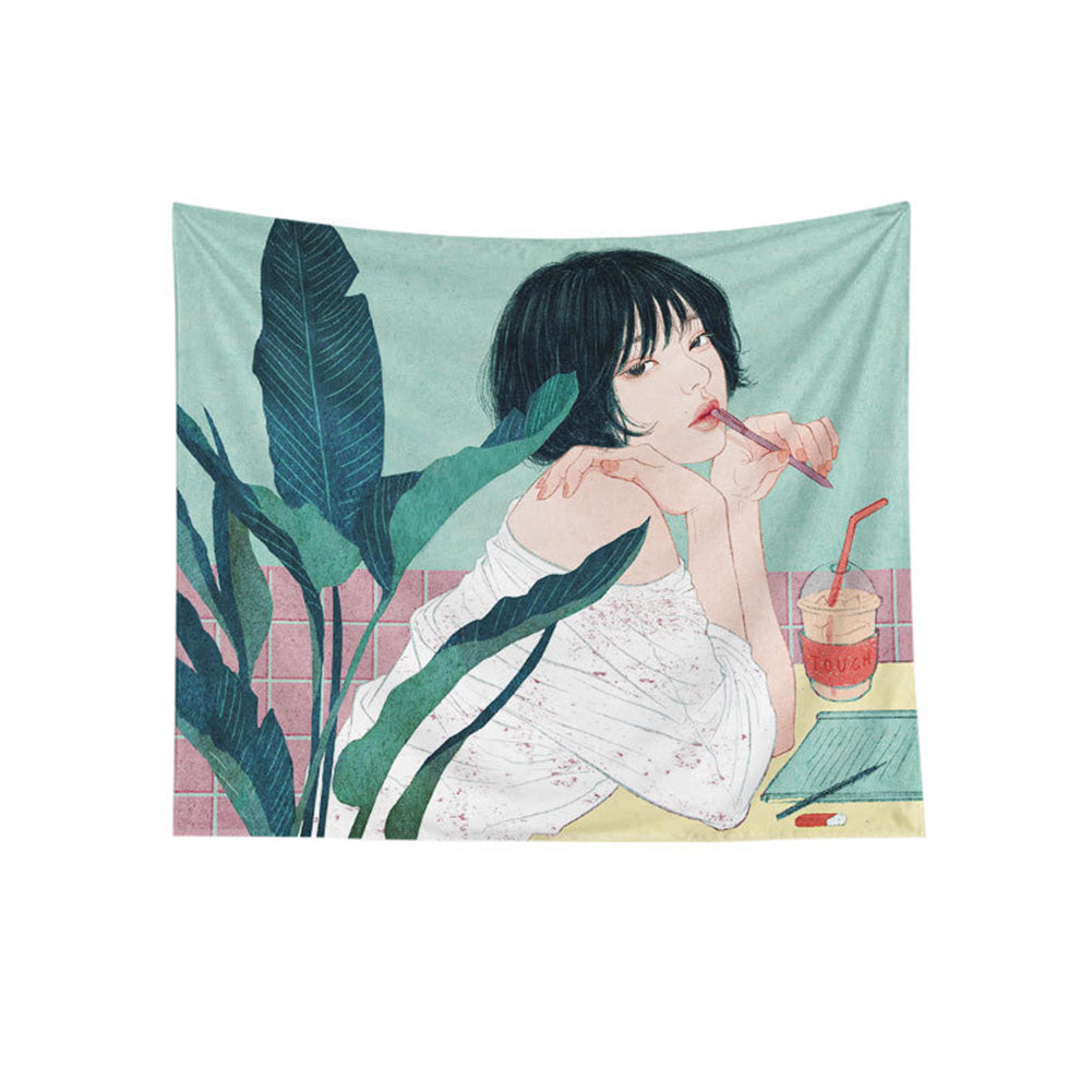 Sketching Style Girl Tapestry for Home Decoration