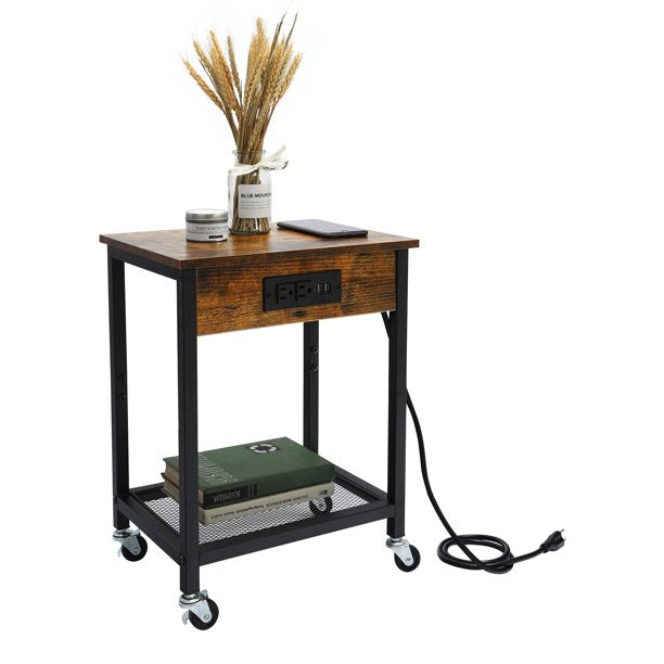 End Table w/ Charging Station & USB Ports w/ Wheels & Storage Shelf