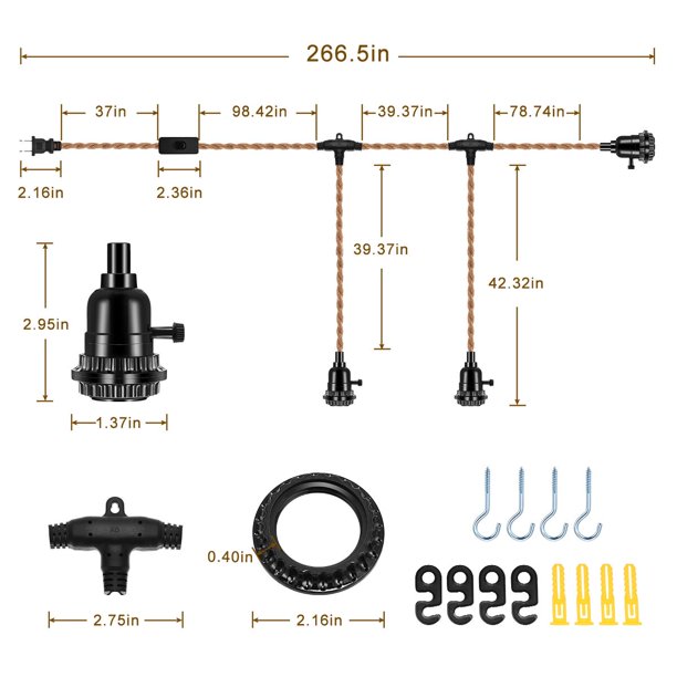 Vintage Pendant Light Kit Cord with Dimming Switch and Triple E26/E27 Industrial Light Socket Lamp Holder 22FT Fabric Lamp Cord with Twisted Hemp Rope