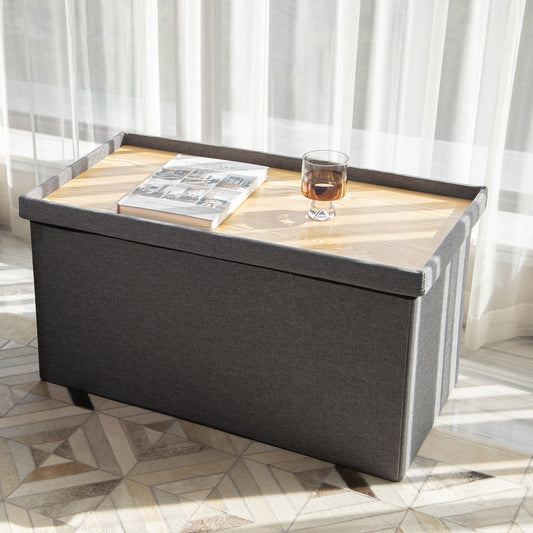 Folding Storage Ottoman Bench w/ Lid Tray, Grey