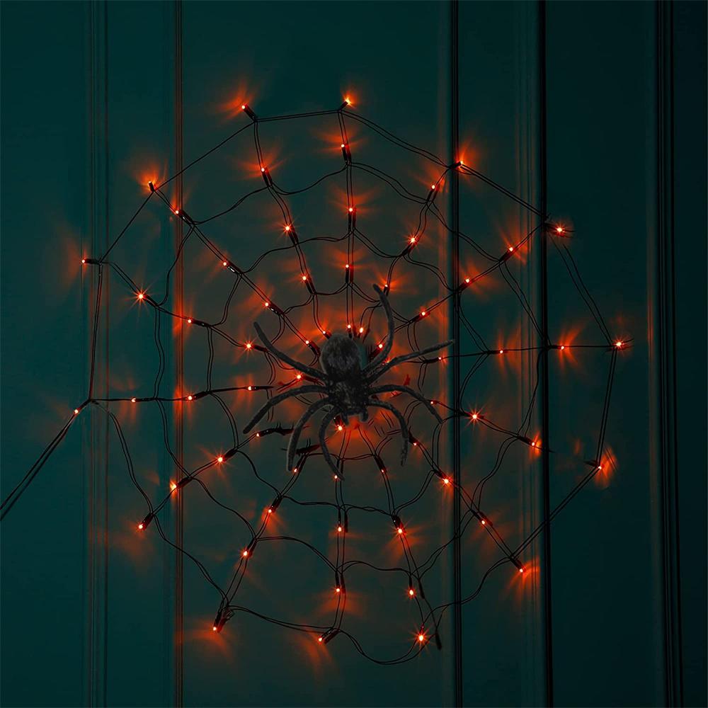 60 LED Halloween Spider Net Web String Lights w/ Black Spider