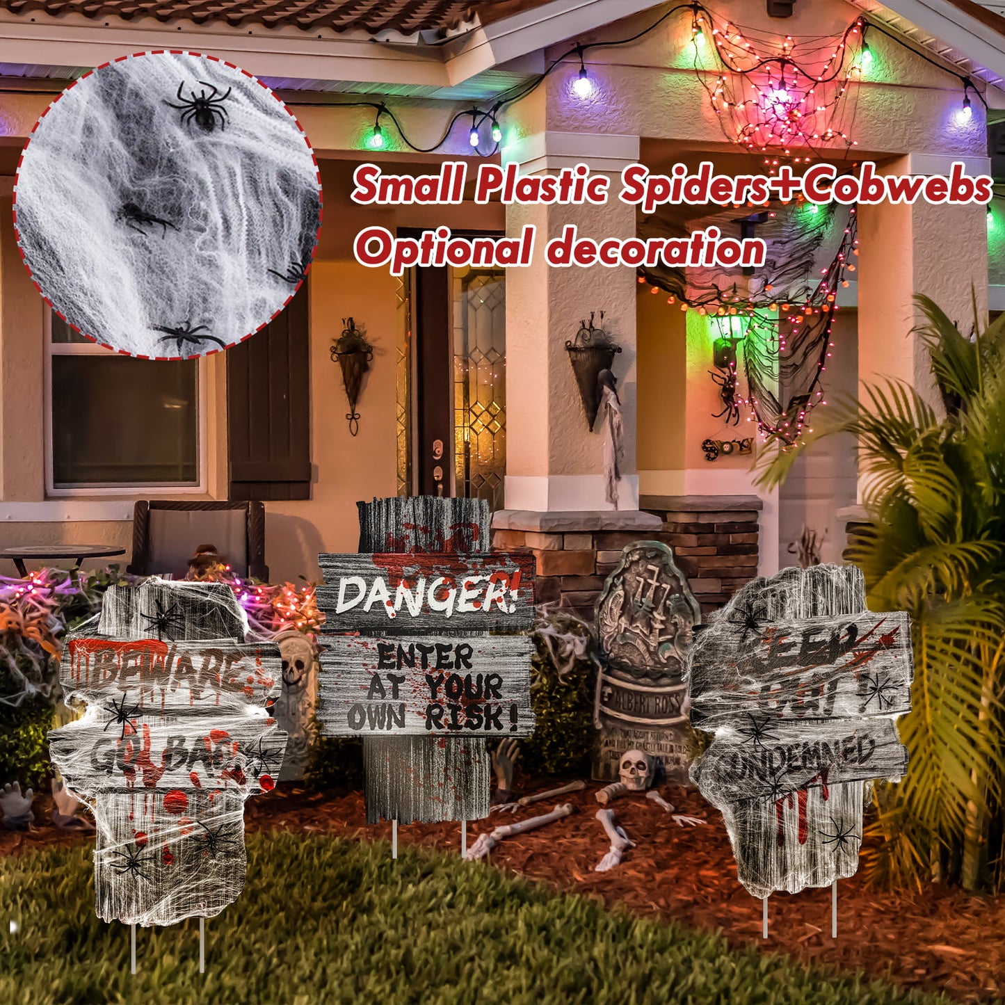Halloween  Outdoor Yard Signs Stakes w/ 20g Cobwebs & 18 Pcs Small Spider