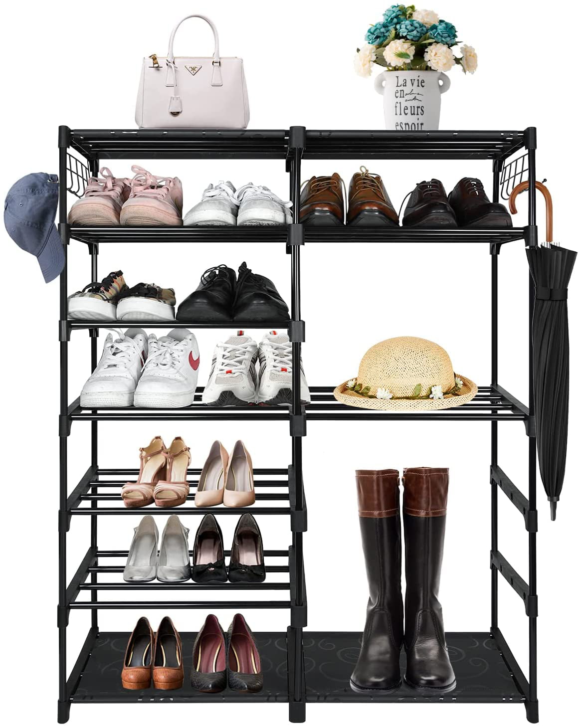Large Metal Shoe Rack, 50-55 Pairs w/ Hooks-Black