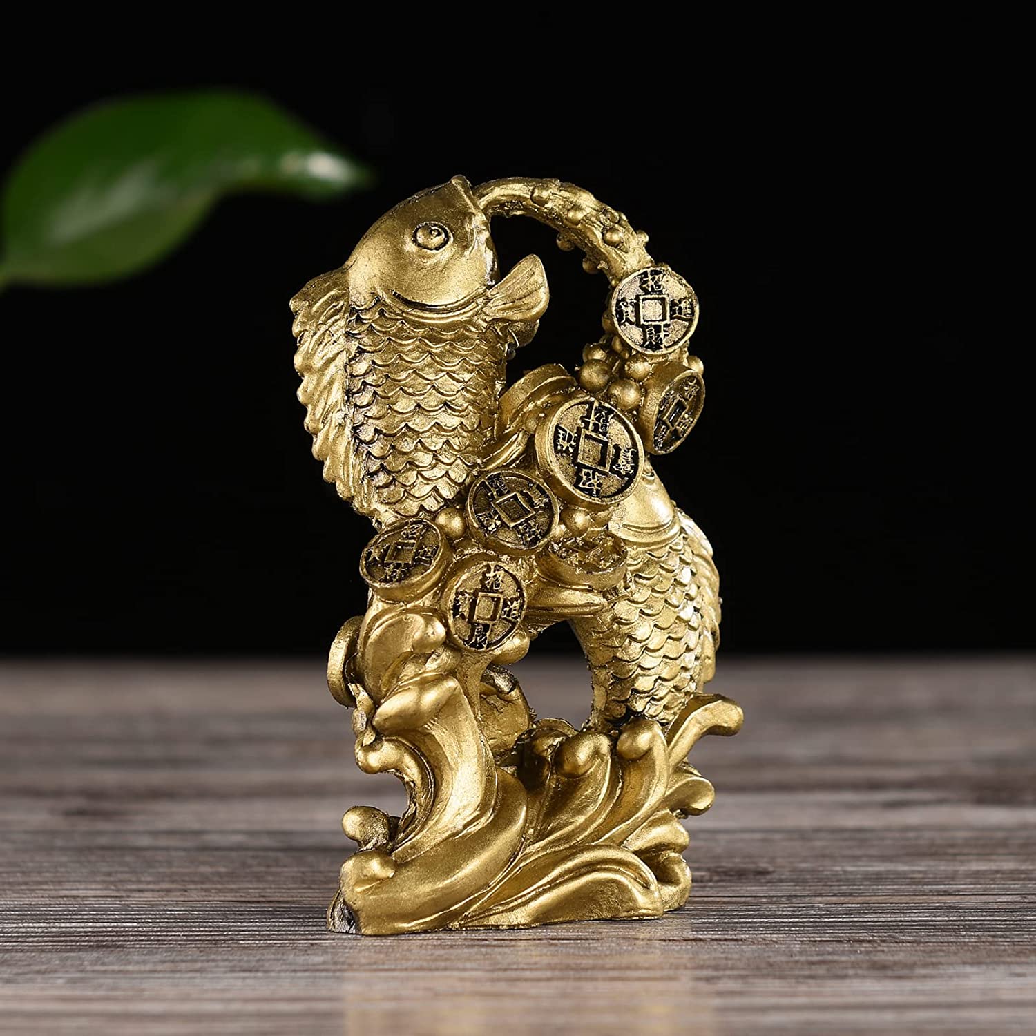 Resin Money Fish w/ Waves Statue Feng Shui for Wealth Luck Home Decoration