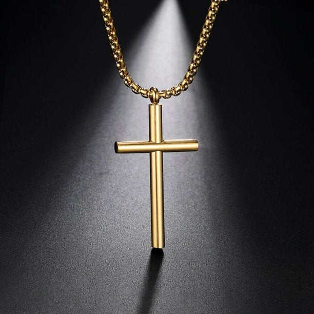 Gold 3D Cross Pendant Necklace Box Chain Choker Religious Jesus Jewelry Amulet