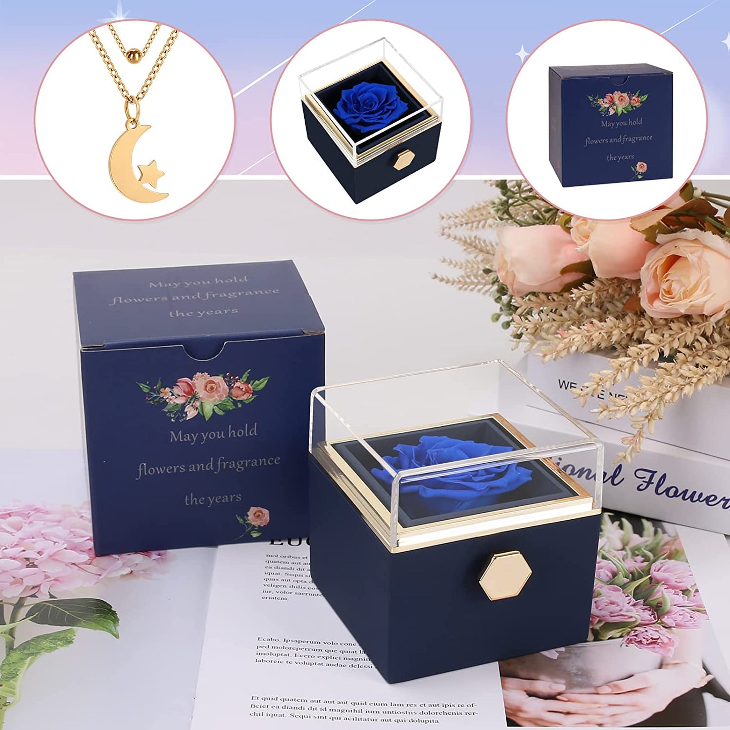 Valentines Day Rose Gifts for Women with Necklace, Preserved Blue Rose Gifts