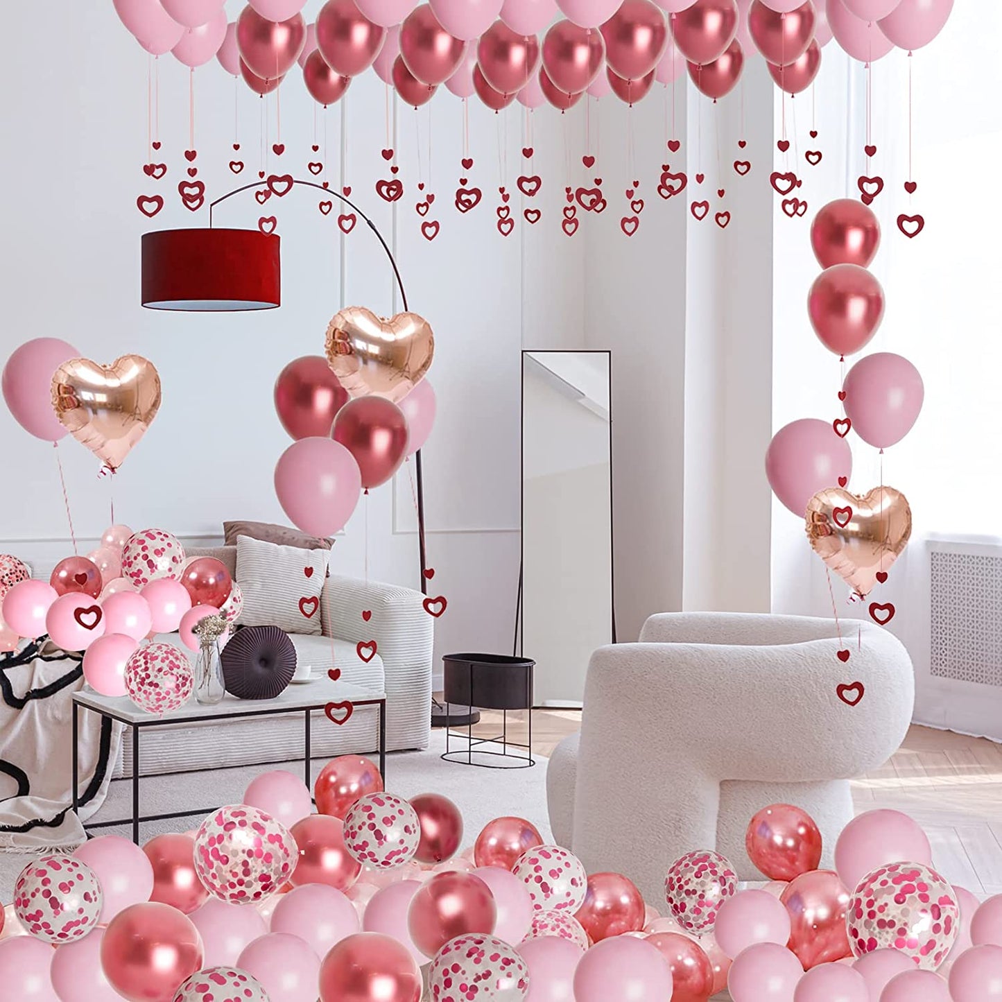 Valentines Day Balloons Kit with Rose Gold Pink Heart Balloons Rose Petals