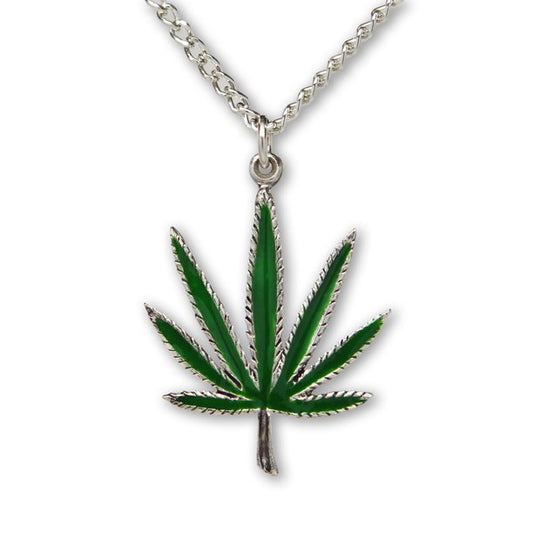 M****** Pot Leaf Green Enamel on Silver Finish Pewter Pendant Necklace for Men/Women