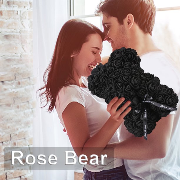 Black Foam Rose Flower Teddy Bear Artificial Decoration Valentines Gift