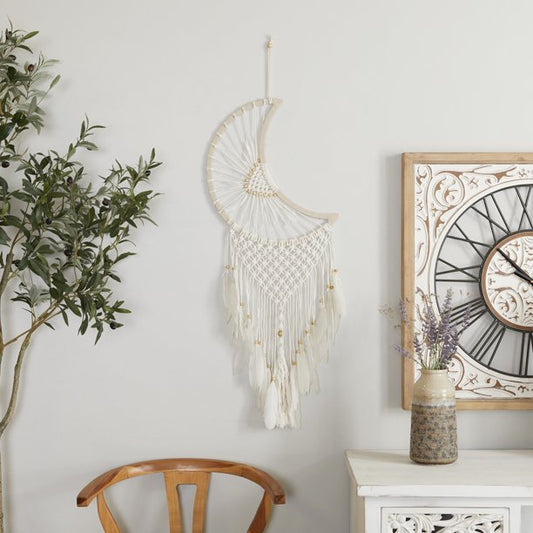 Handmade Intricately Woven Macrame 14" x 42" Dreamcatcher Wall Decor with Beaded Fringe Tassels