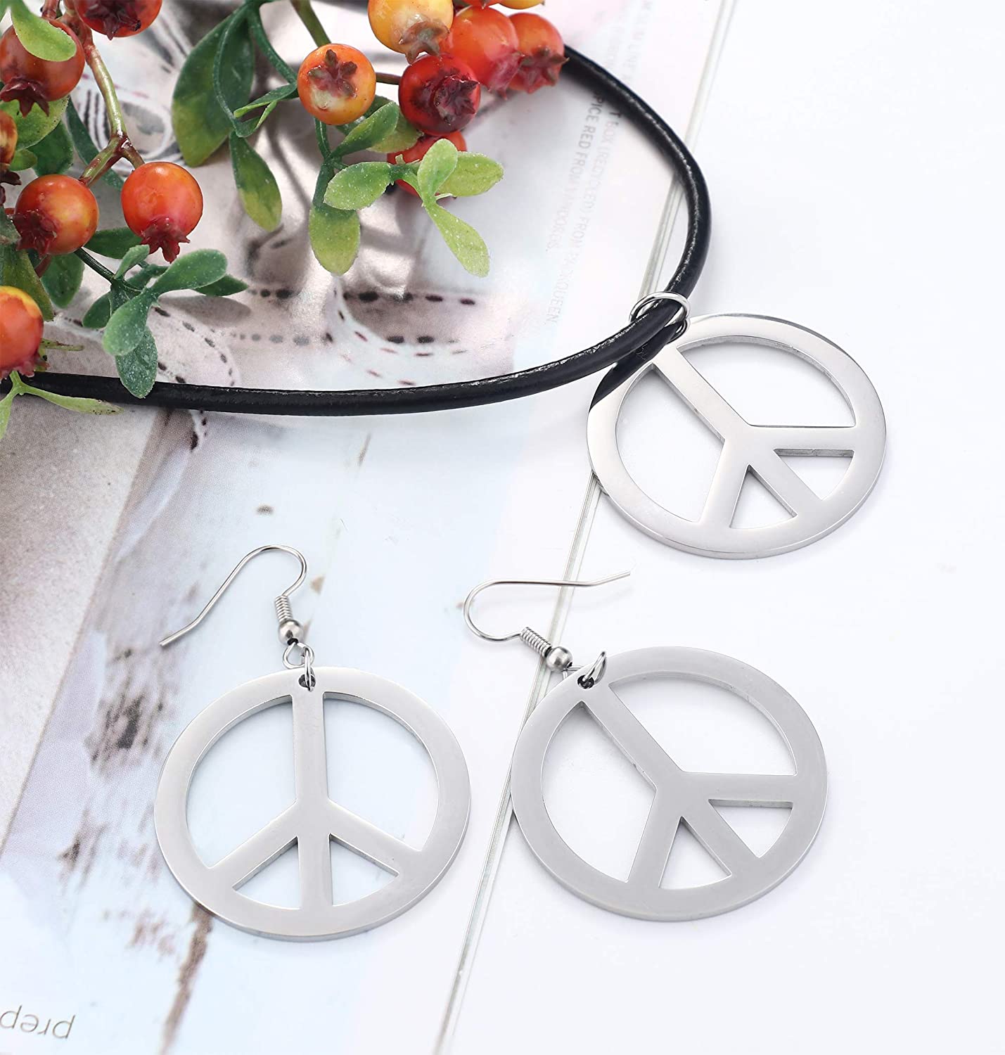 Hippie Costume Set, Peace Sign Necklace, Peace Sign Earrings, Flower Crown Headband Jewelry Accessories