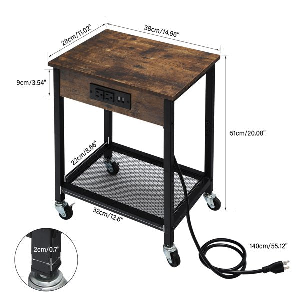 End Table w/ Charging Station & USB Ports w/ Wheels & Storage Shelf