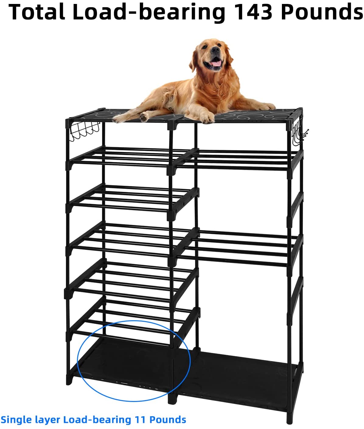 Large Metal Shoe Rack, 50-55 Pairs w/ Hooks-Black