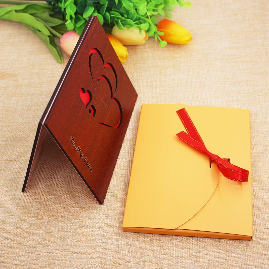 Handmade Walnut Wood Love Greeting Card with Unique Gift Card Box