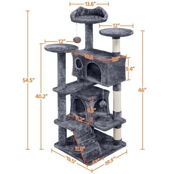 54.5" Double Condo Cat Tree w/ Scratching Post Tower- Dark Gray