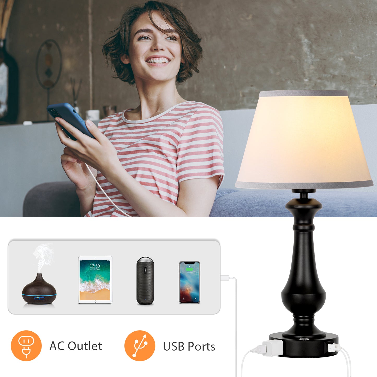 Set of 2 Dimmable Touch Control Nightstand w/ USB Charging Ports