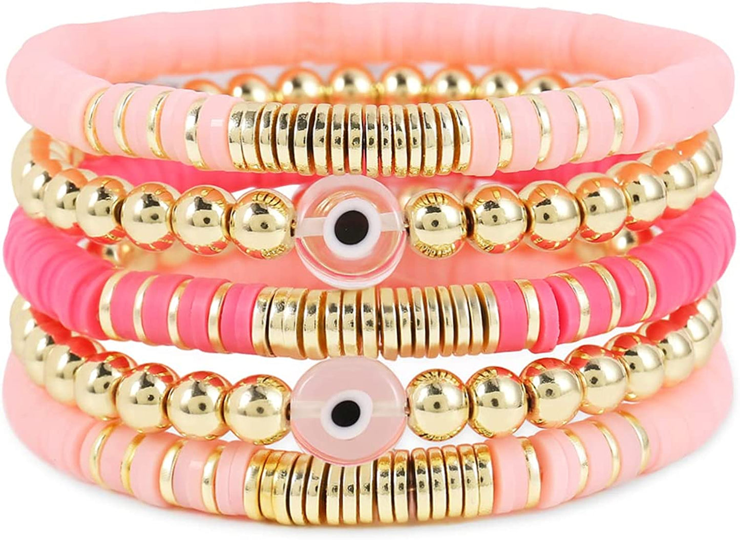 Colorful Beaded Stretch Bracelets Set for Women Smile Blue Evil Eye Polymer Summer Beach Jewelry -Pink