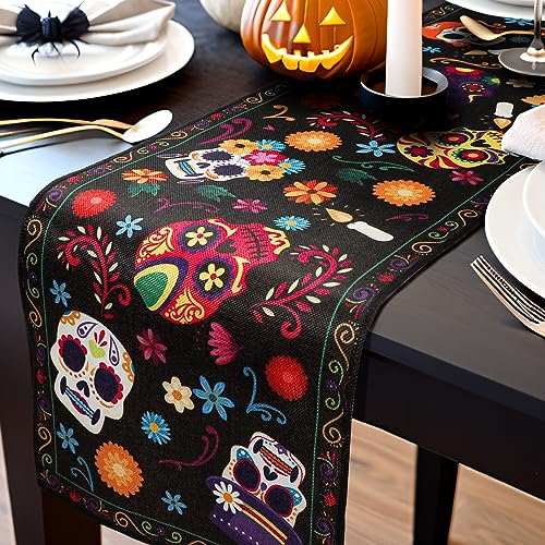 Halloween Table Runner Day of Dead Halloween Decor Indoor Skeleton Flowers Candles Halloween