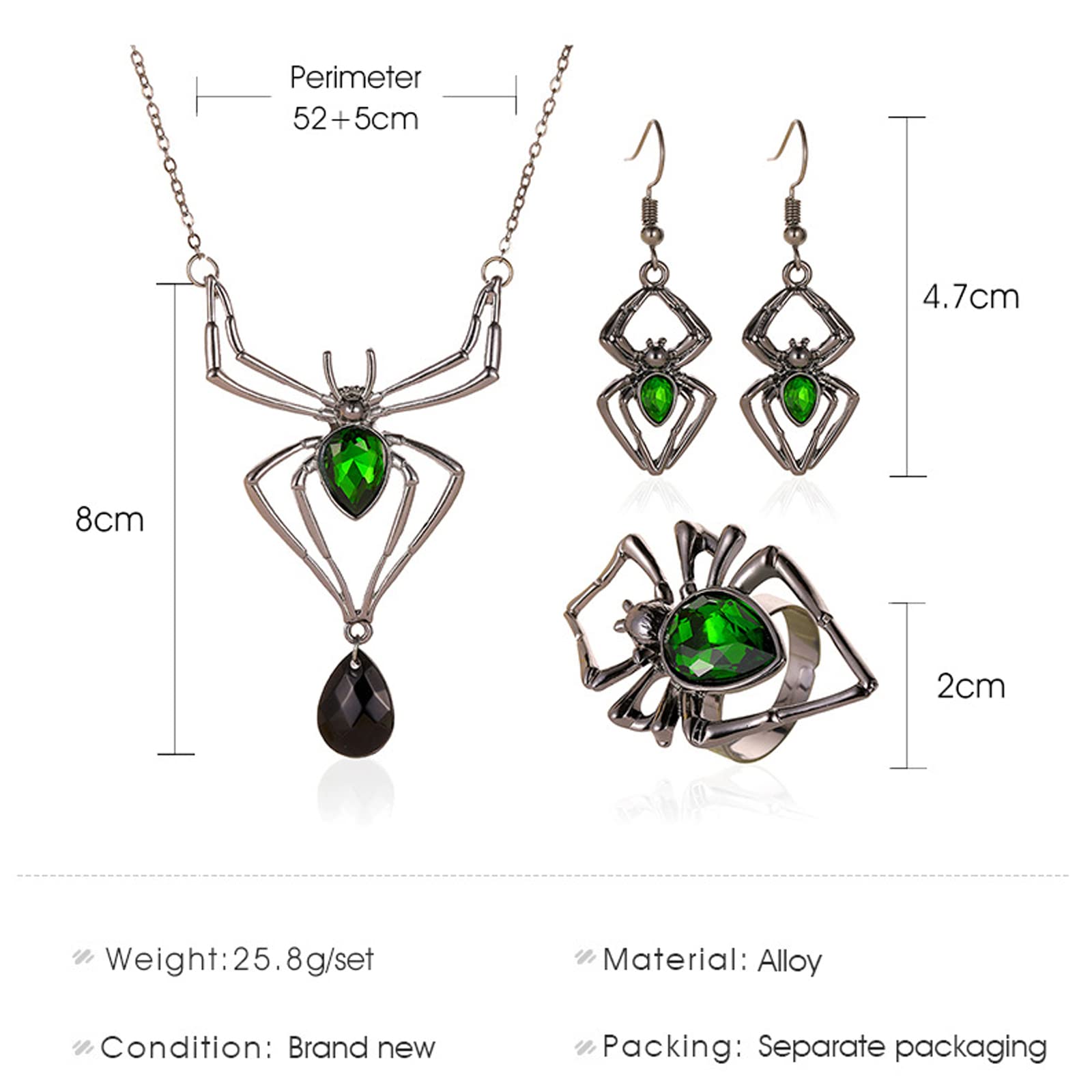 Vintage GothicNecklace Earrings Set,Halloween Crystal  Pendant Necklace Punk Style Reptile Animal