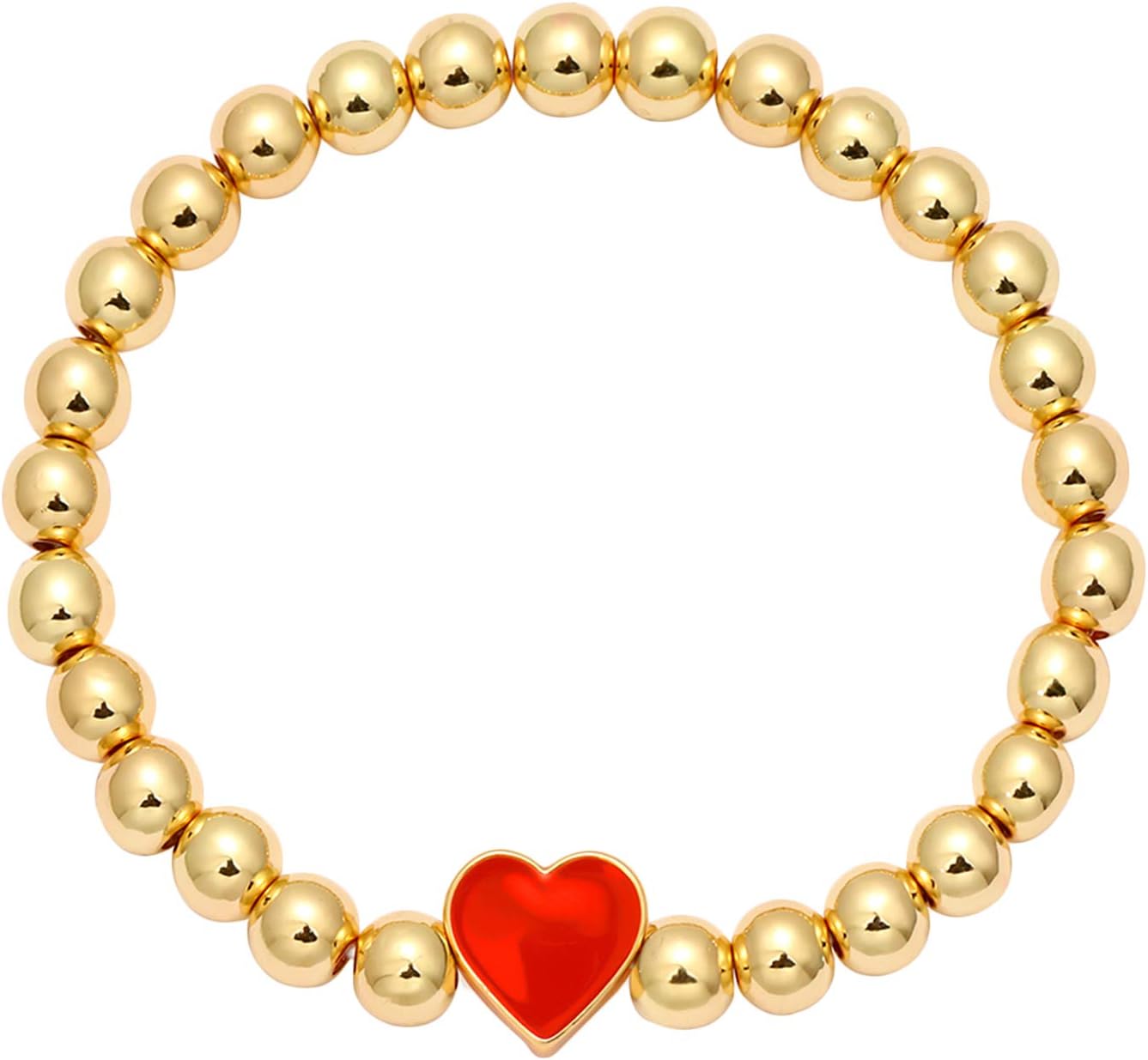 Love Heart Charm Bracelet 6mm Gold Beaded Strech Delicate Bracelet Heart Personalized Bracelets Jewelry for Women Girls Valentines Day Gift