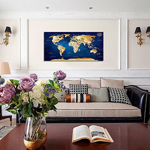 Wall Art Blue World Map Painting Ready to Hang -20" x 40"  Framed