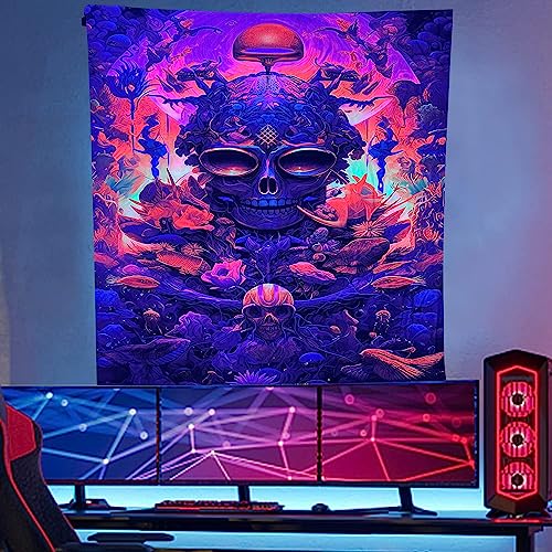 Blacklight Tapestry Sugar Skull  Halloween  UV Reactive Trippy Neon Tapestries Glow in the Dark Party Backdrop,