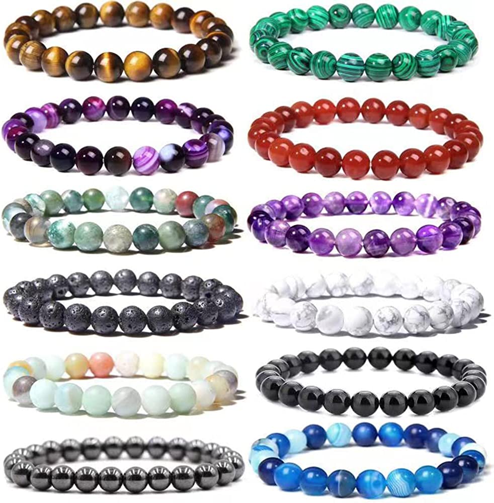 12 Pcs 8mm Gemstones Beaded Bracelets for Men Women Stone Bead Healing Stretch