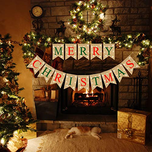 Burlap Merry Christmas Banner w/ Snowflakes Decoration