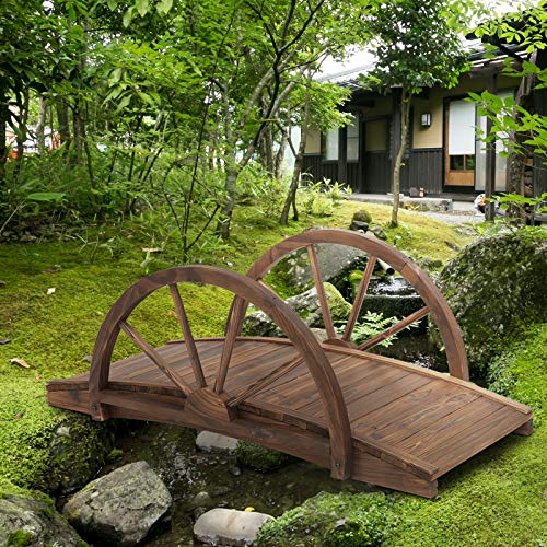 3.3ft Wooden Garden Bridge Arc Footbridge w/ Half-Wheel Style Railings