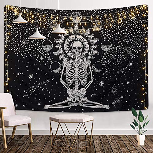 Skull Tapestry Meditation Skeleton , Chakra, Starry Black and White Stars