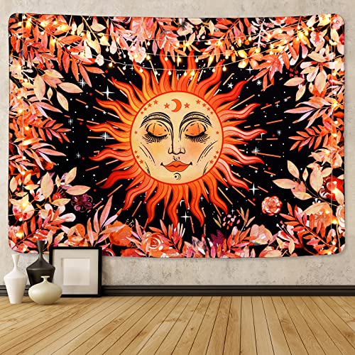 Psychedelic Burning Sun & Plant Leaves Mystical Moon Stars Colorful Mandala Tapestry