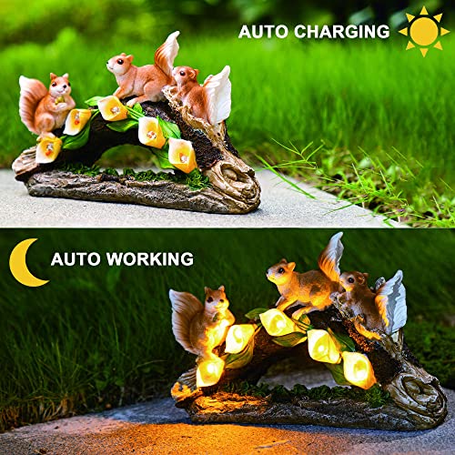 Squirrel Statues Solar Garden Decoration w/ 5 Calla Lily Lights