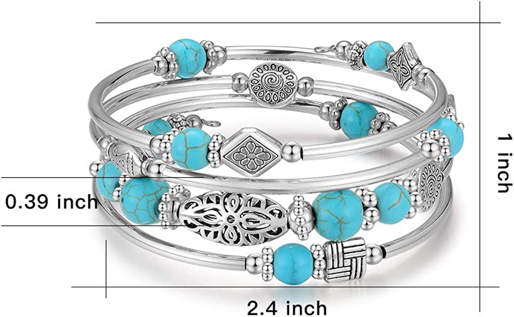 Layered Wrap Bangle Turquoise Bracelet-Bead Bracelet w/ Natural Agate Stone, 01-Turquoise