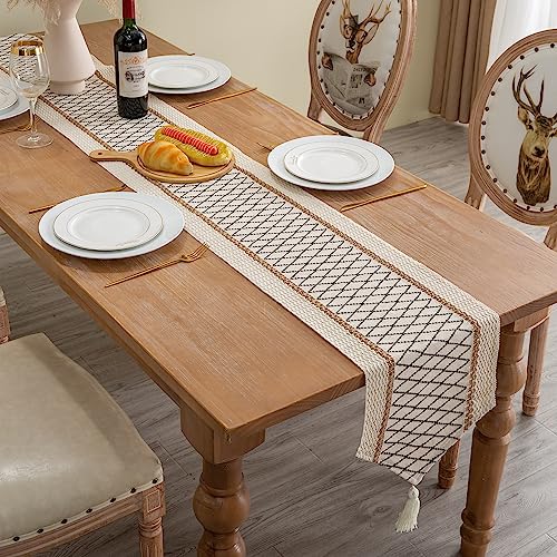 Table Runner, Boho Style with Tassels, Cotton & Linen, Farmhouse Home Decor for Living Room Dresser Scarfs