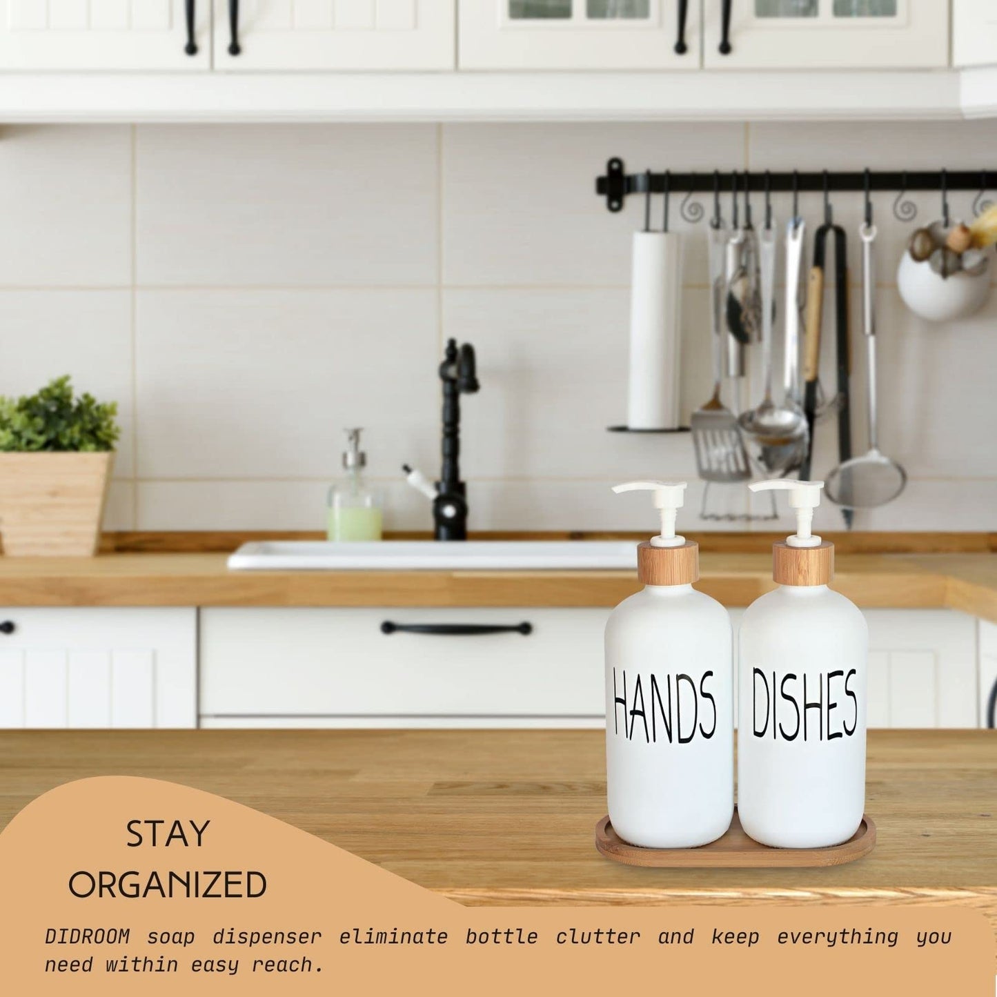 Glass Soap Dispenser Set. Hand Soap and Dish Soap Dispenser with Bamboo Tray. Vintage Soap Dispenser