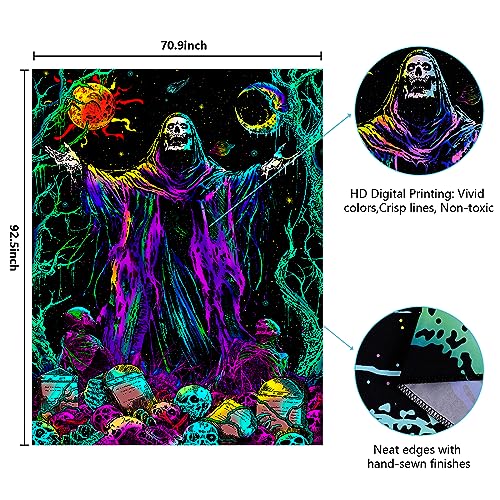 Blacklight Skull Tapestry UV Reactive Sun Moon Tapestries Gothic Wizard Skeleton Tapestry Colorful Witchy