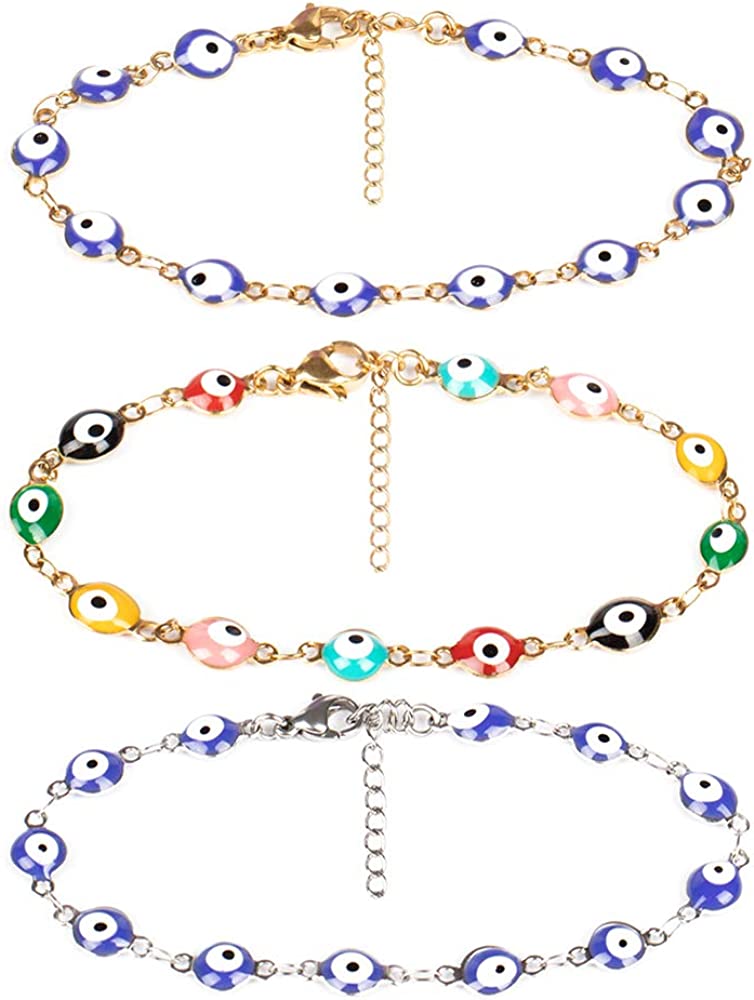 3 Pcs Evil Eye Bracelets for Women Men Girls 18K Gold Plated Stainless Steel Colorful