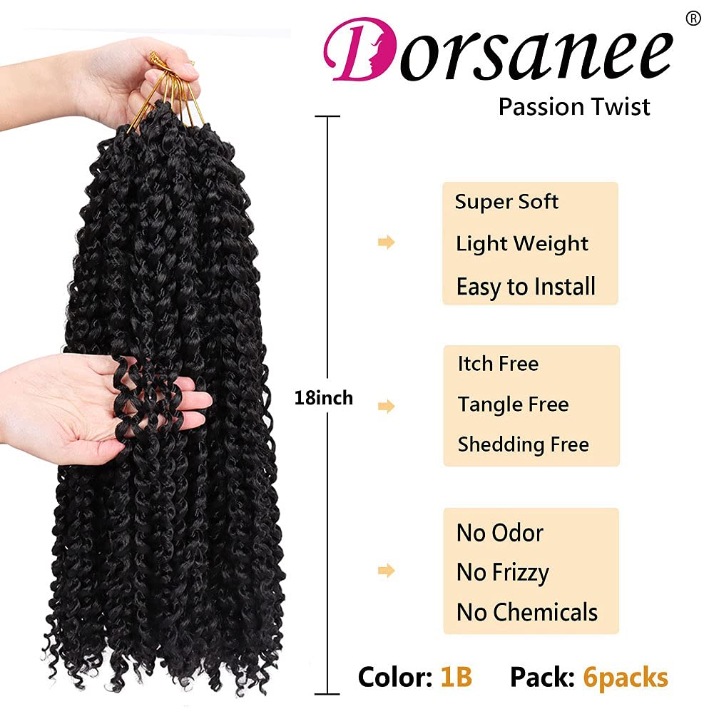 Passion Twist Hair, Water Wave Passion Twists for Butterfly Crochet Hair 18inch Long Bohemian Hair Extensions Natural Black 18 Inch (Pack of 6)