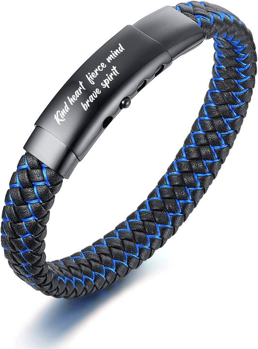 Men's Inspirational Mantra Engarved Handmade Blue Braided Leather Adjustable Cuff Bangle Bracelet Encouragement Motivational Gift for Men