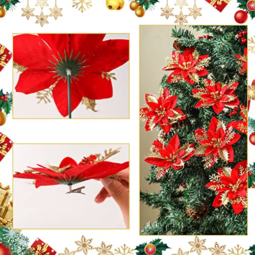 24pcs Poinsettia Artificial Christmas Flowers Decorations w/ Clips & Stem