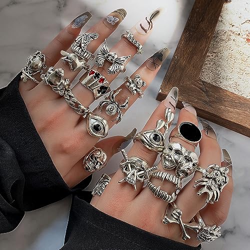 Vintage Silver  Set Gothic  Pack, Chunky Stackable Knuckle Bulk, Weeping Skull Spider Frog Butterfly Grunge