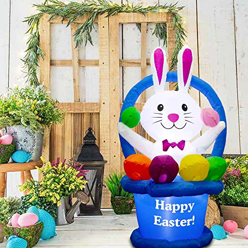 5ft Easter Inflatable Bunny in Egg Basket w/ LEDs for Home Decoration