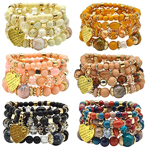 6 Sets Stackable Stretch Bracelets Multi-color Bohemian Bracelet Sets for Women