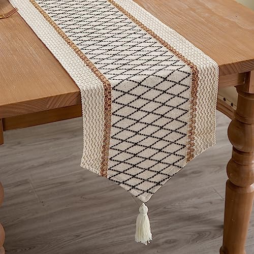 Table Runner, Boho Style with Tassels, Cotton & Linen, Farmhouse Home Decor for Living Room Dresser Scarfs