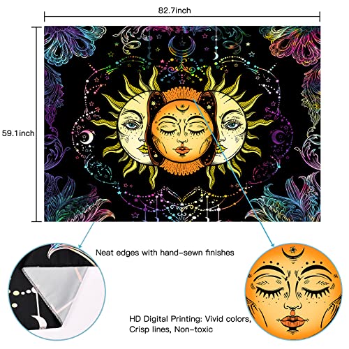 Psychedelic Sun and Moon Burning Sun Black Colorful Moon and Stars Tapestry ( 51.2 × 59.1 inches)